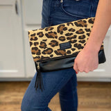 Fold Over Clutch Leopard with Burgundy Lining