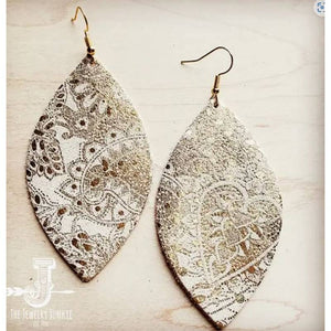 Leather Oval Leaf Earrings in White and Gold Paisley