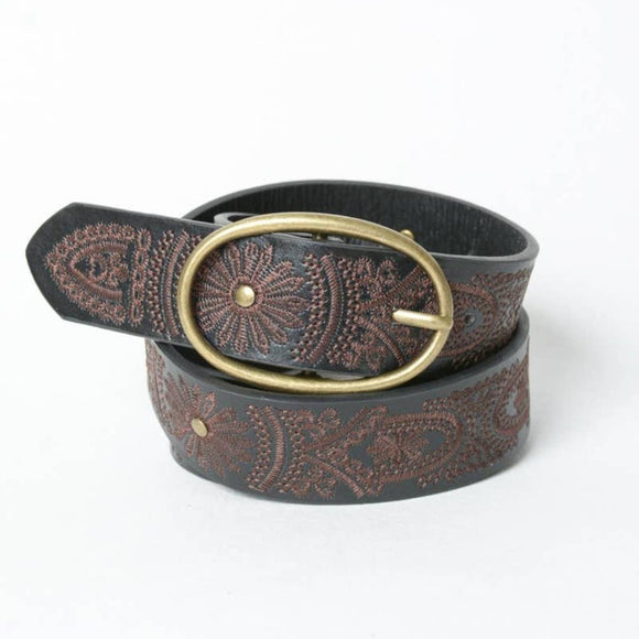 Black Floral Stitched Belt with Oval Buckle