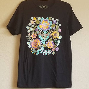 Black T-Shirt w Colorful Spring Floral