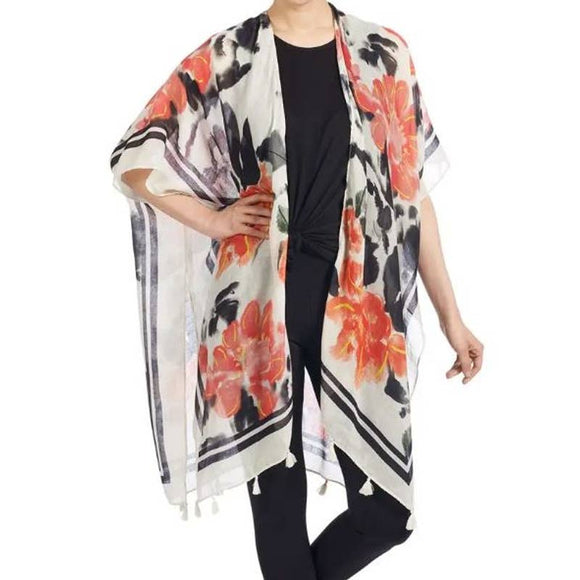 Orange & Black Floral Tassel Boho Lightweight Ruana Shawl Wrap Kimono