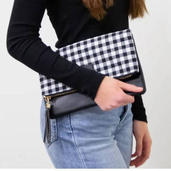 Black White Buffalo Check Foldover Clutch