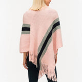Pink with Black & White Stripes Fringed Knit Poncho