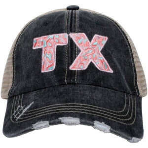 Pink Leopard TX Texas State Embroidered Black Distressed Trucker Hat