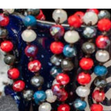 Sparkling Red, White, & Blue Beads with Brown Leather Fringe Necklace & Earrings