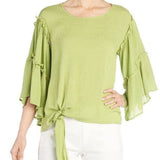 Ruffle Sleeve Tie Front Blouse - Endive Green L/XL