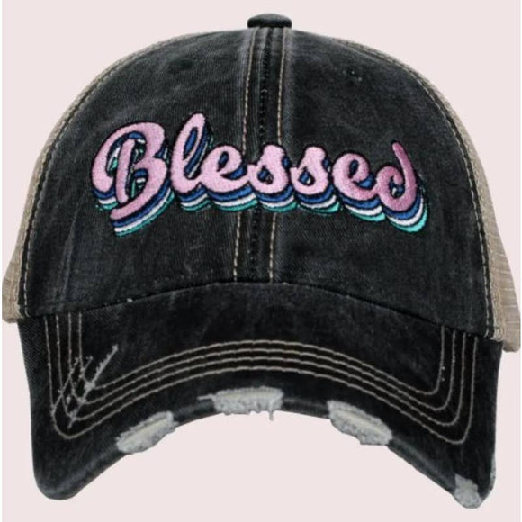 Blessed  Embroidered Layered Script Distressed Ball Cap Trucker Hat