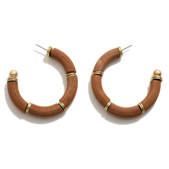 Brown Wood Tube Beaded Hoop Earrings