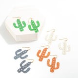 White Laser Cut Metal Cactus Drop Earrings With Crystal Accents