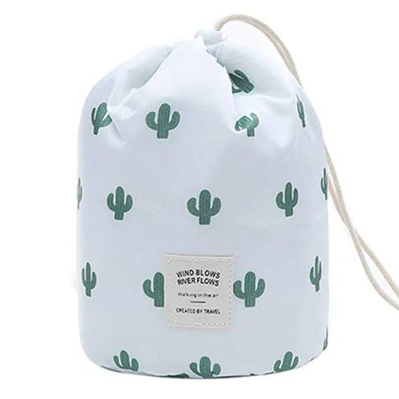 White & Green Cactus Portable Waterproof Travel Cosmetic Bag