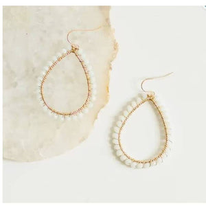 White Beaded Gold Teardrop Dangle Drop Earrings