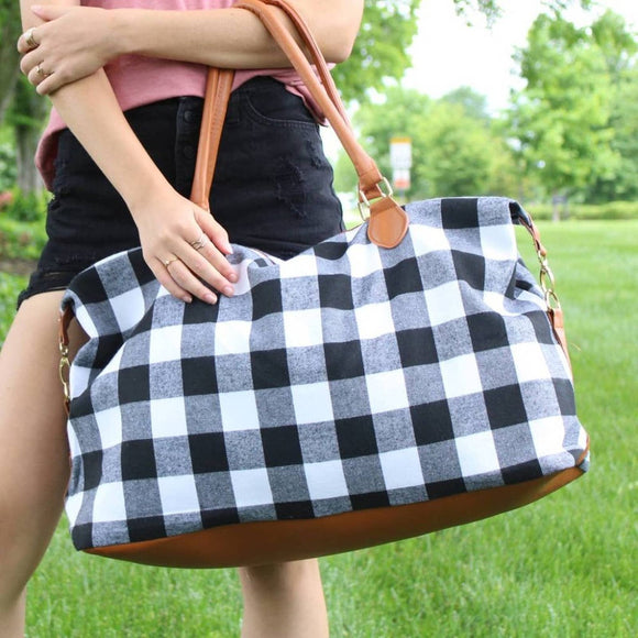 Black & White Buffalo Check with Brown Accents Weekender Bag