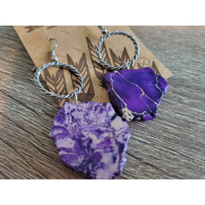 Purple & Silver Rope Circle Natural Stone Dangle Drop Statement Earrings