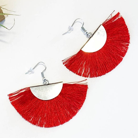 Red Fringe Fan Earrings - Silvertone