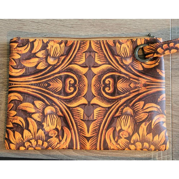 Tooled Leather Look Clutch Wristlet Purse