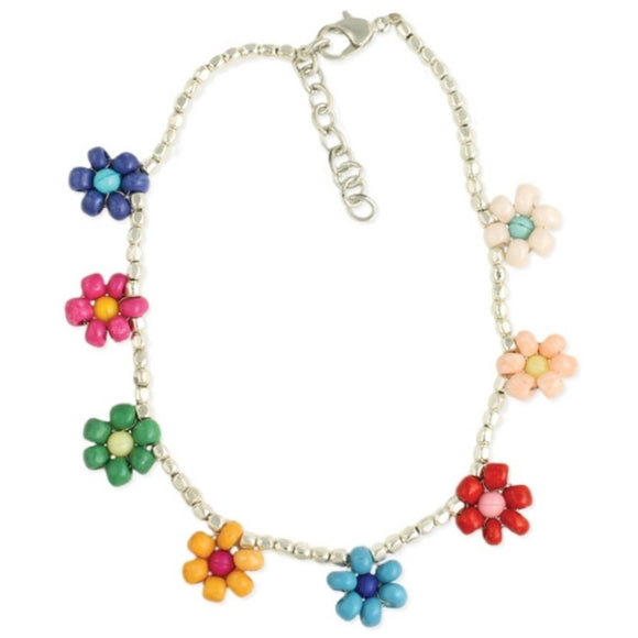 Multicolored Beaded Floral Silver Boho Anklet