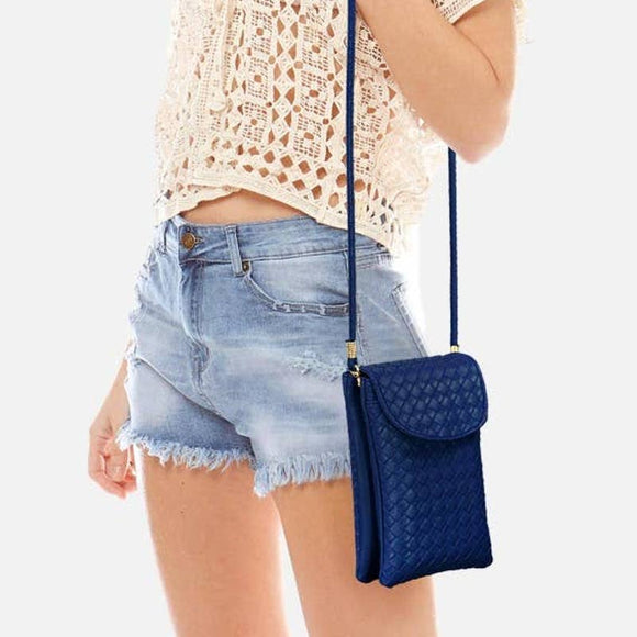 Navy Blue Woven Crossbody Organizer Convertible Crossbody Wristlet Handbag