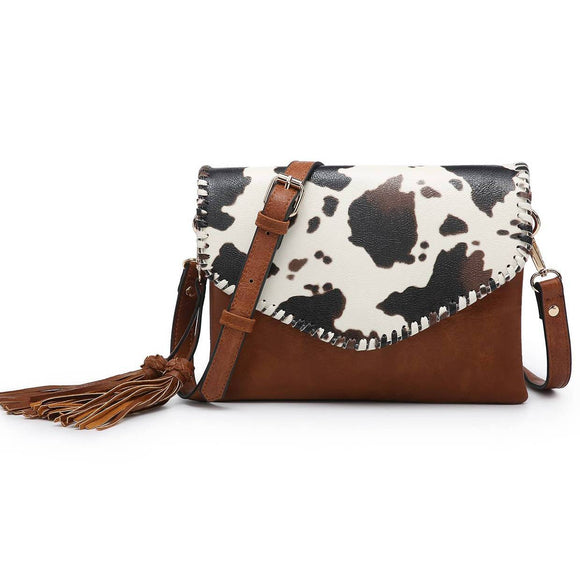 Cow Print Flapover Crossbody with Whipstitch and Tassel