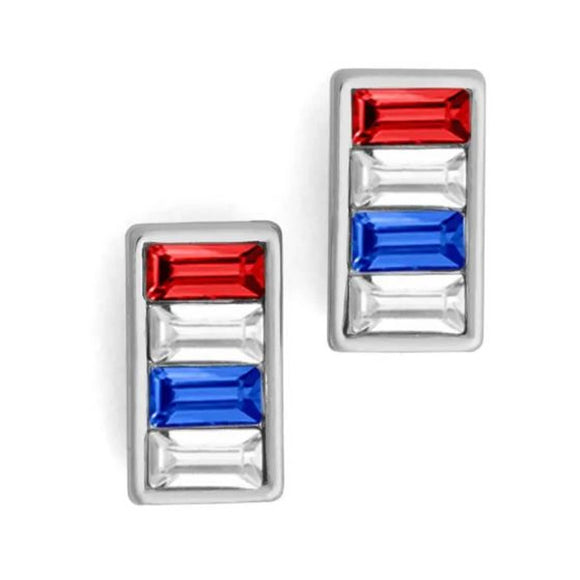 Americana Patriotic Red White Blue Crystal Rectangle Stud Earrings