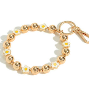 White Enamel Flower and Gold Tone Metal Beaded Bangle Key Ring Keychain