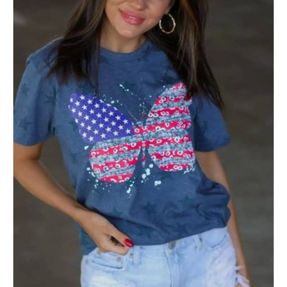 Americana Patriotic Butterfly Blue Star Graphic Tee shirt