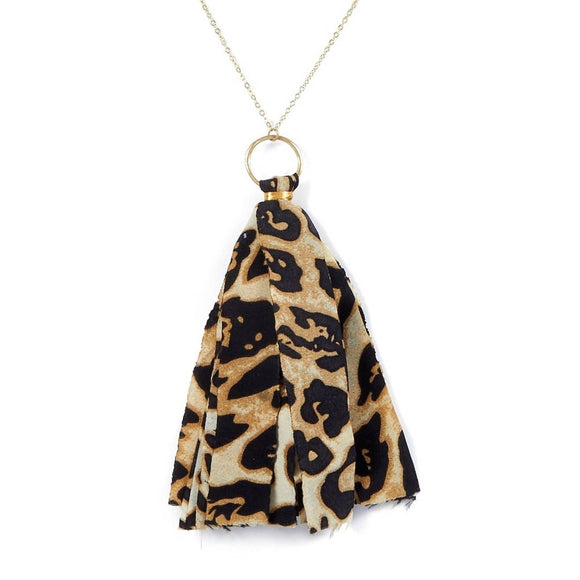 Tan Cream Leopard Tassel Necklace