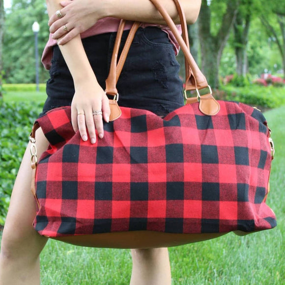 Red & Black Buffalo Check with Brown Accents Weekender Bag