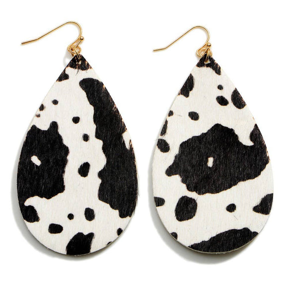 Black & White Cow Print Teardrop Dangle Earrings