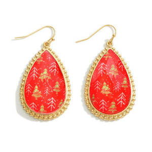 Red & Gold Christmas Tree Glass Crystal Tear Drop Earrings