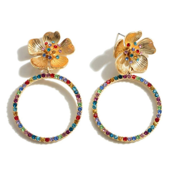 Flower Multi Colored Crystal Ring Drop Earrings