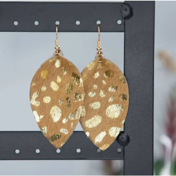 Camel & Gold Metallic Speckle Leaf Style Suede Dangle Drop Earrings