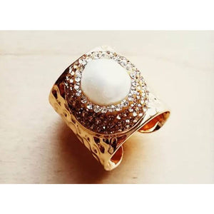 Crystal Encrusted Freshwater Pearl Hammered Cuff Ring