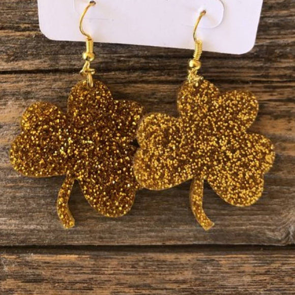 Sparkle Gold Glitter Acrylic Clover Earrings