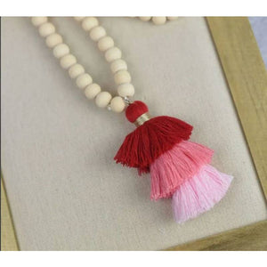 Red Ombre Tiered Tassel Wood Bead Necklace