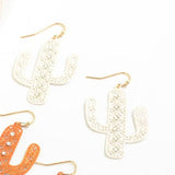 White Laser Cut Metal Cactus Drop Earrings With Crystal Accents