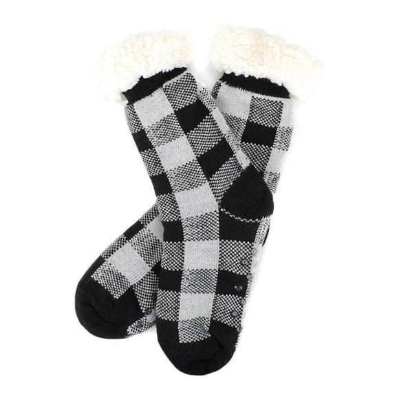 Black / White Buffalo Check Sherpa Slipper Socks