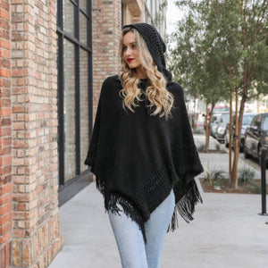 Hooded Lace Up Knit Poncho - Black