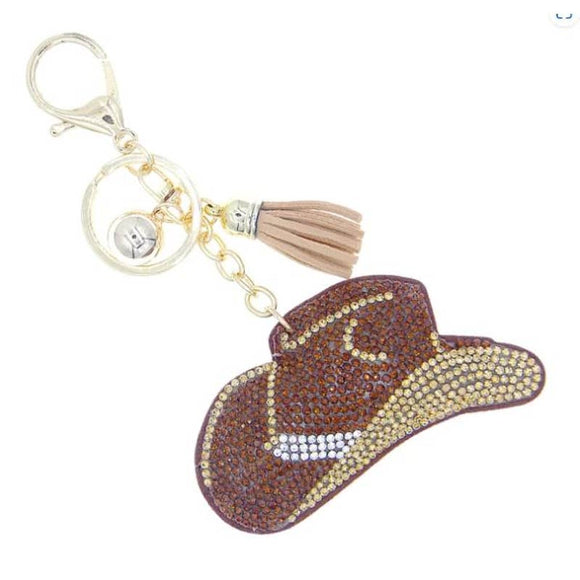 Brown & Tan Cowboy Hat Crystal Keychain Keyring Bag Charm