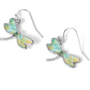 Green & Yellow Enamel Dragonfly Dangle Drop Earrings