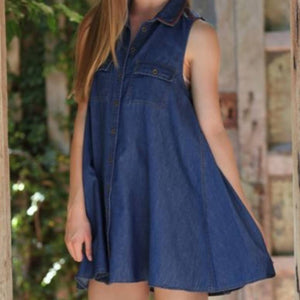 Embroidered Sleeveless Chambray Summer Dress