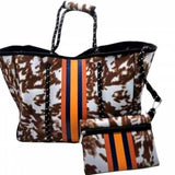 Brown Cow Print with Orange Stripes Neoprene Black Accents Tote Bag With Pouch