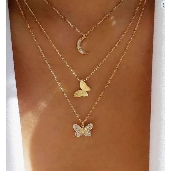 Butterfly and Moon Gold Crystal Triple Chain Layered Choker Necklace