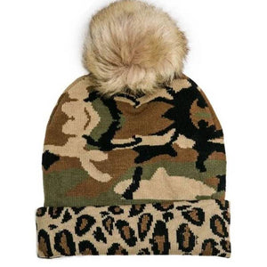 Green Camo & Leopard Pom Pom Knit Beanie Hat