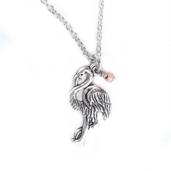 Silver Flamingo Charm Necklace w Coral Bead