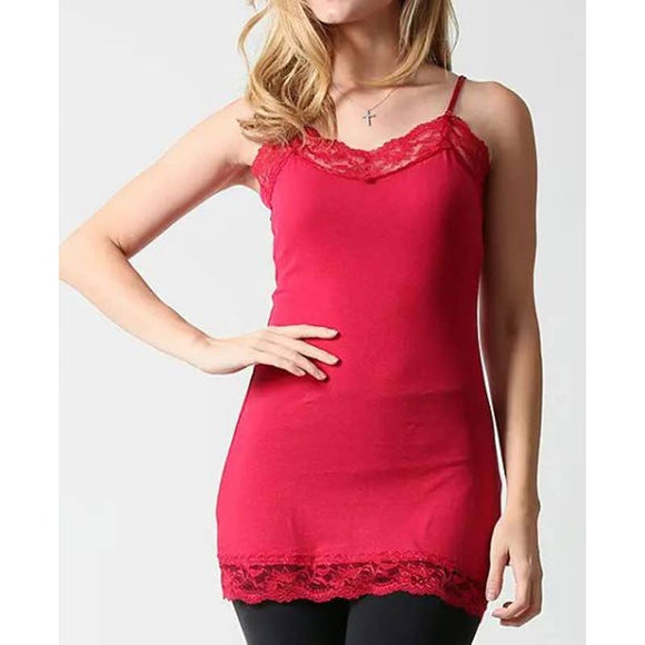 Ruby Red Lace Edge Adjustable Strap Long Camisole