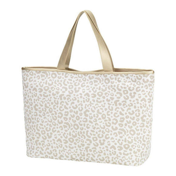 Natural Leopard Print Cotton Canvas Travel Tote with Gold Metallic Trim