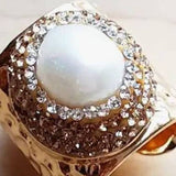 Crystal Encrusted Freshwater Pearl Hammered Cuff Ring