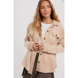 Latte Tan Brushed Terry Button Up Front Pockets Shacket