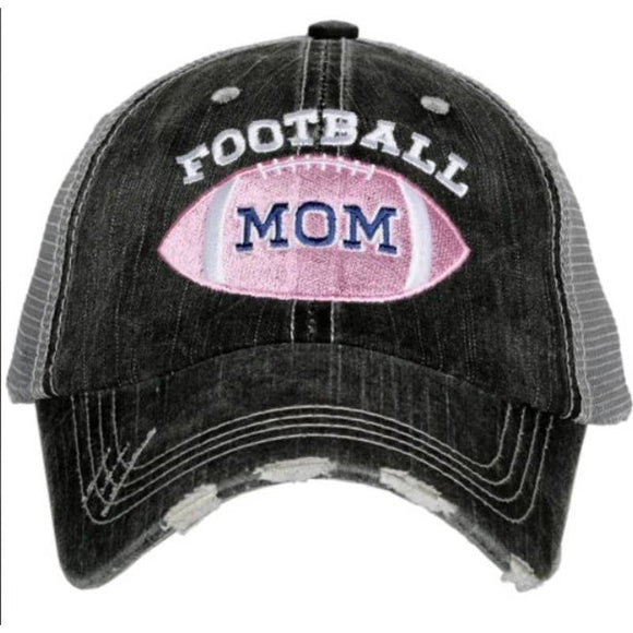 Pink Football Mom Black Embroidered Distressed Ball Cap Trucker Hat