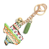 Green & Yellow Aztec Southwestern State of Texas Keychain With Leather Tassel